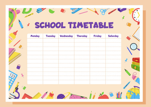 School timetable, lesson schedule and organizer template. Study weekly planner with school supplies.
