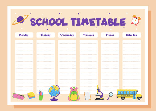 School timetable, lesson schedule and organizer template. Study weekly planner with school supplies.