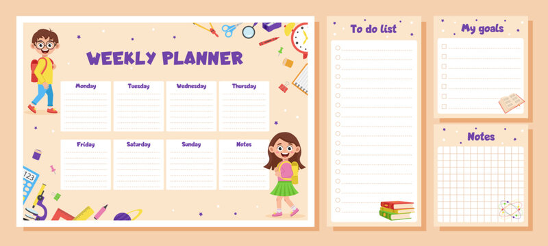 Weekly planner, to do list, notes, goals for children. School timetable, lesson schedule and organizer template with school supplies and schoolchildren.