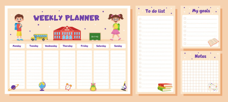 Weekly planner, to do list, notes, goals for children. School timetable, lesson schedule and organizer template with school supplies and schoolchildren.
