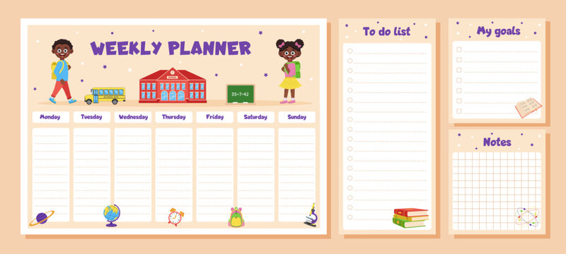 Weekly planner, to do list, notes, goals for children. School timetable, lesson schedule and organizer template with school supplies and schoolchildren.