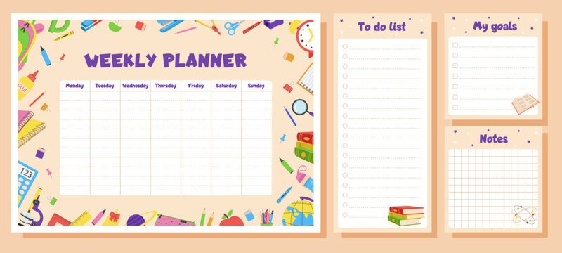 Weekly planner, to do list, notes, goals for children. School timetable, lesson schedule and organizer template with school supplies.
