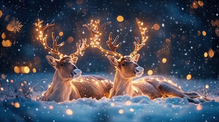 Santa's reindeer resting in a snowy field at dusk, with their antlers decorated in Christmas lights and snowflakes falling gently.