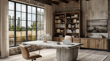 Home office of a ultra-modern single story farmhouse, at a horse ranch, with grey weathered timber walls, black steel windows, light oak timber sideboard with elegant wildflower arrangement.