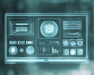 Fototapeta premium Futuristic digital interface with data visualization and analytics on a transparent screen, ideal for technology and innovation themes.