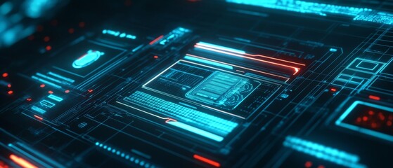 Fototapeta premium Futuristic digital interface with glowing neon elements, showcasing advanced technology in a high-tech environment.