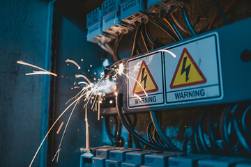 A close-up of an electrical panel emitting sparks, featuring warning signs, highlighting potential dangers in electrical systems.