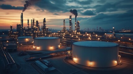 Fototapeta premium Sleek fuel storage facility, modern architecture, high-tech processing.