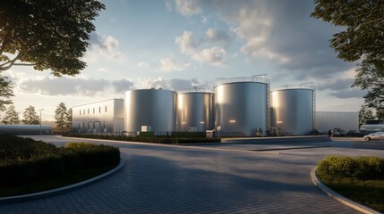 Obraz premium Sleek fuel storage facility, modern architecture, high-tech processing.