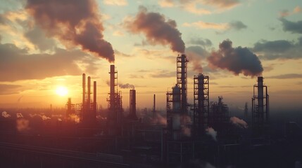 Sunset view of a vast refinery, fuel processing technology, industrial skyline.