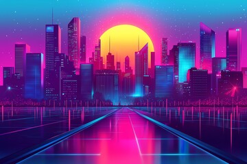 Futuristic city skyline with neon lights and vibrant sunset colors reflecting on water.