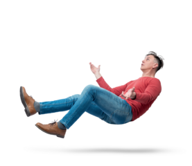 Situation, a confused man falls from heaven to earth, isolated on a transparent background png.