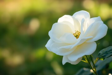 Obraz premium An elegant white rose in full bloom stands out against a blurred, lush green background.
