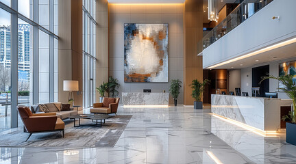 The lobby of a luxury high-rise condominium tower in downtown. The space is grand and modern, with high ceilings, sleek marble floors, elegant seating areas with contemporary furniture.