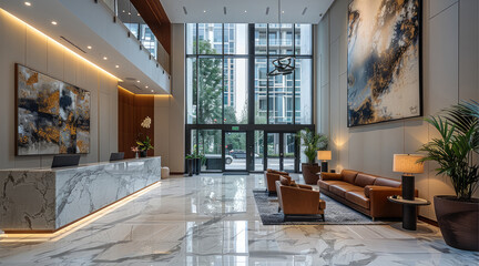 The lobby of a luxury high-rise condominium tower in downtown. The space is grand and modern, with high ceilings, sleek marble floors, elegant seating areas with contemporary furniture.
