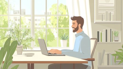 Fototapeta premium Man working on laptop at home with plants by the window and a cozy atmosphere.