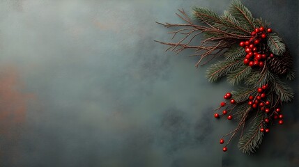 Tight framing of a handcrafted Christmas wreath dense arrangement of fragrant pine needles and lustrous crimson berries tactile natural elements traditional holiday adornment