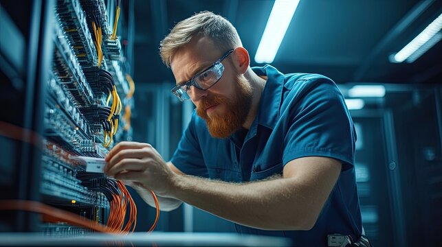 A technician assembles networking equipment in a server room, showcasing expertise in technology and careful attention to detail.