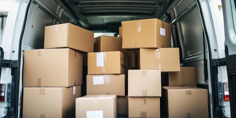 Delivery van filled with stacked cardboard boxes, organized for transport.