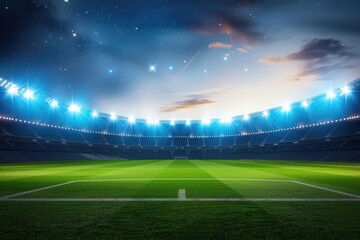A vibrant stadium under twilight, illuminated by bright lights, showcasing an expansive green field, perfect for soccer matches.