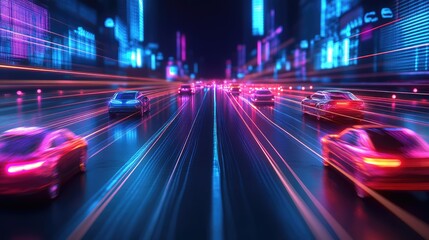 Fototapeta premium A vibrant nighttime scene of cars traveling through a futuristic city, illuminated by colorful neon lights creating a dynamic, fast-paced feel.