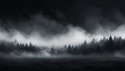 A tranquil moment unfolds as dawn breaks, revealing a dense forest shrouded in mysterious fog. Towering pines stand silently, creating an enchanting atmosphere of solitude