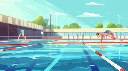 Obraz premium Swimmers competing in a sunlit outdoor pool, vibrant water reflections.