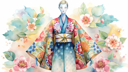 Naklejka premium Watercolor illustration of woman in colorful floral kimono.