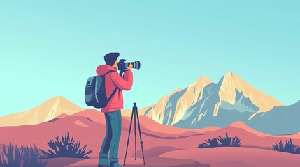 Traveler photographing breathtaking mountain scenery.