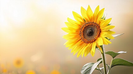 Obraz premium A bright sunflower stands gracefully against a soft, blurred background, showcasing its vibrant yellow petals and intricate center.