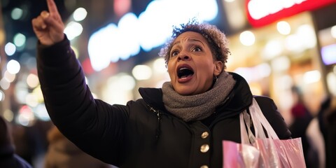 Expressive woman shouting with passion in a bustling urban environment.