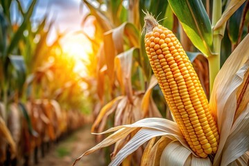 Ripe corn cob on tree in corn field agriculture waiting for harvest