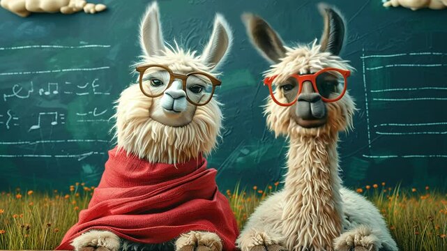Two llamas with glasses in front of a chalkboard, one wearing a red scarf.