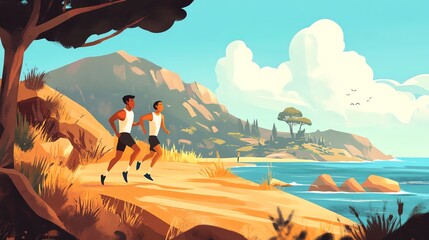 Two runners enjoying a scenic coastal path during a sunny day.