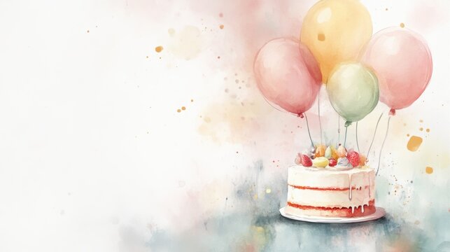 Delicate watercolor celebration card with cake and balloons design