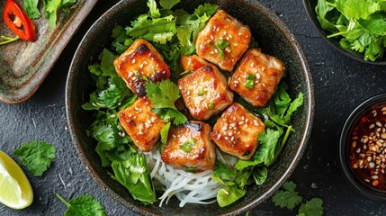 Tofu Stir Fry Bowl with Sesame Seeds and Fresh Greens