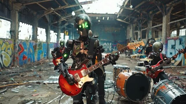 A robot band plays rock music on a stage in an abandoned warehouse.