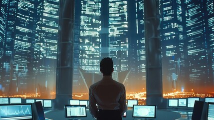 The Architect is looking at analytics screens, working on a collaborative project through cloud software.