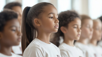 Diverse Students Pledge Allegiance in School Setting