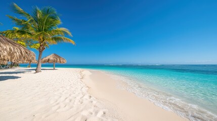 Idyllic white sand beach with turquoise water and palm trees.