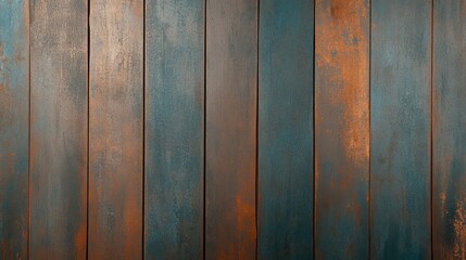 A textured wooden surface with a teal and rusty orange color palette, showcasing a rustic and weathered appearance.
