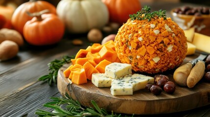 Festive Cheese Ball with Autumn Pumpkins and Herbal Accents