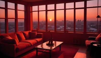 Fototapeta premium Red modern living room with urban city sunset