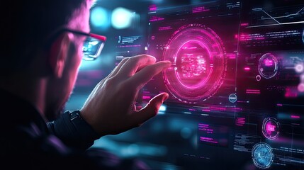 Fototapeta premium A person interacts with a futuristic digital interface, featuring vibrant pink elements, showcasing technology and innovation in a modern environment.