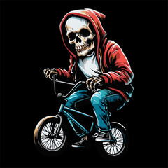 Illustrator vector graphic of skull man ridding bmx and mountain bike wear hoodie with bold line drawing
