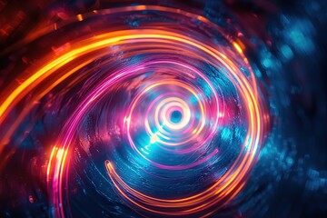 Fototapeta premium Fluorescent neon circles and swirling light lines coalescing into a hypnotic abstract pattern, radiating energy and vibrancy