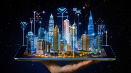 A hand holding a tablet to envision a smart city, showcasing a futuristic cityscape with intelligent buildings and a holographic screen representing the Internet of Things and global connectivity