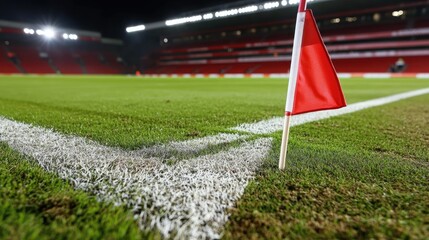 Red corner flag standing at the corner of a football pitch, with freshly painted lines and empty stands behind it. --chaos