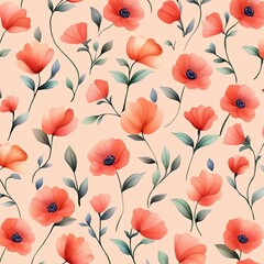 A vibrant floral pattern featuring red and orange flowers against a soft peach background, showcasing delicate leaves and detailed petals.
