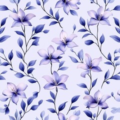 Fototapeta premium A delicate floral pattern featuring soft blue lilies and green leaves on a light background, perfect for wallpapers or fabric designs.